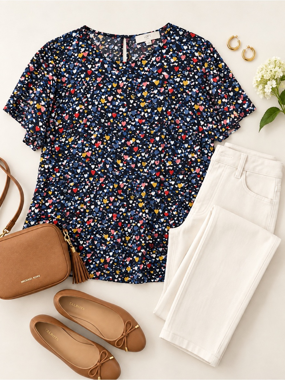 LOFT Navy Multicolor Heart Print Short Sleeve Top